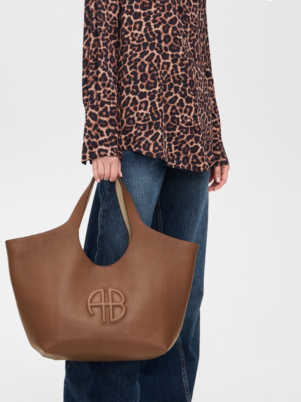 Annie Bing Brown Leather Tote Bag with Embossed Monogram